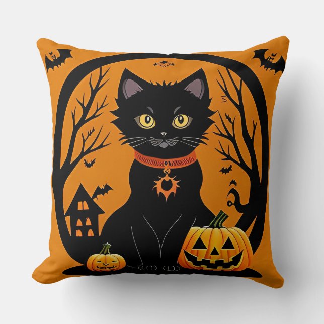 Coussin Chat noir d'Halloween entouré de citrouilles (Recto)