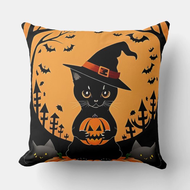 Coussin Chat noir d'Halloween entouré de citrouilles lumin (Recto)