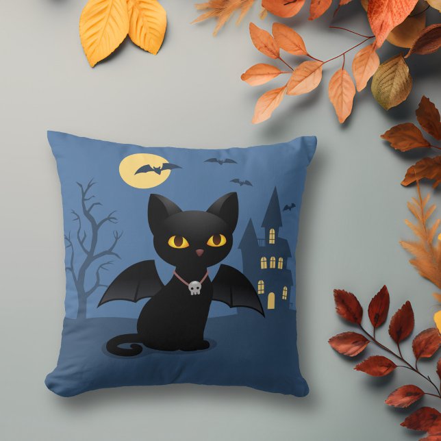 Coussin Chat noir d'Halloween Vampire avec des ailes (Créateur téléchargé)