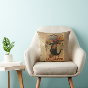 Coussin Chat noir d'Halloween vintage jouant du violon
