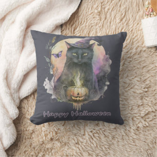 Coussin Chat noir en sorcières Casquette Halloween céleste