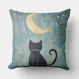 Coussin Chat noir endormi avec croissant de lune et étoile