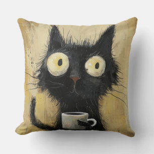 Coussin Chat noir énervé avec café sur fond brun grunge