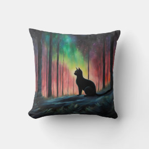 Coussin Chat noir et aurores boréales