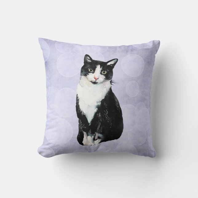 Coussin Chat noir et blanc d'aquarelle de smoking (Recto)