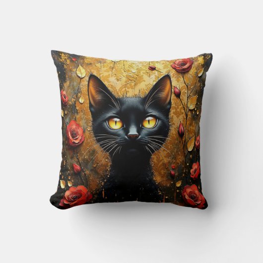 Coussin Chat noir et roses (Recto)