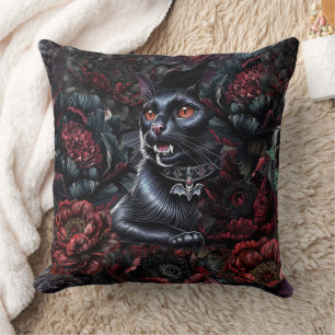 Coussin Chat noir gothique & Fleurs sombres