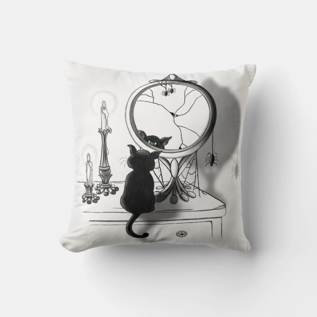 Coussin Chat noir gothique Miroir brisé Halloween (Recto)