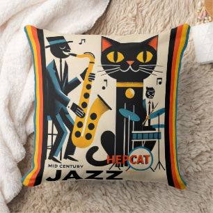 Coussin Chat Noir HepCat d'Ère du Jazz Milieu du Siècle