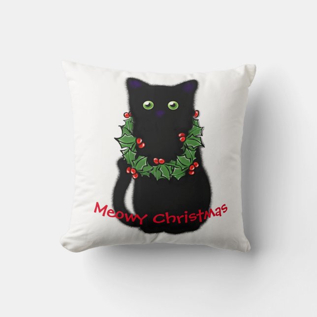 Coussin chat noir | Meowy Christmas | Holly garland (Recto)