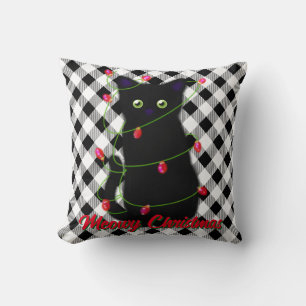 Coussin Chat noir Meowy Noël scintillants en vichy