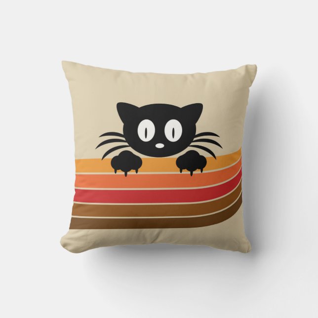 Coussin Chat noir mignon avec rayures rétro (Recto)