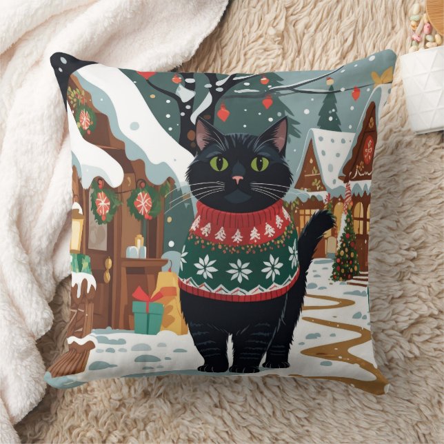 Coussin Chat Noir Noël Neige Fêtes (Couverture)
