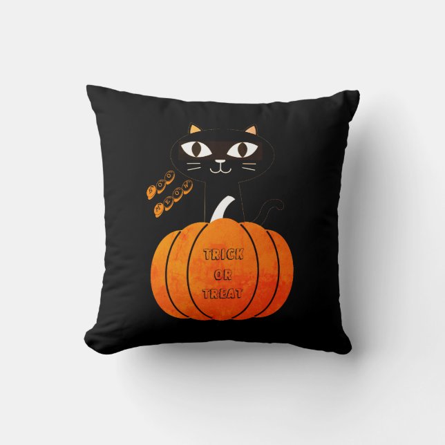 Coussin Chat noir orange Citrouille mignet Éffrayant Hallo (Recto)