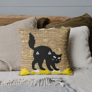 Coussin Chat noir personnalisé motif toile de jute blanche