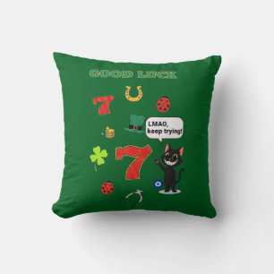 Coussin Chat noir sarcastique et charmes porte-bonheur