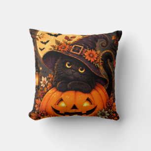 Coussin Chat noir Sorcière Halloween Citrouille Automne Cu