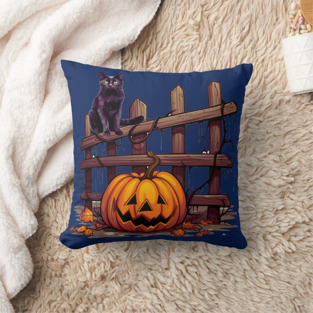 Coussin Chat noir sur clôture Jack-O' Lantern Halloween (Couverture)