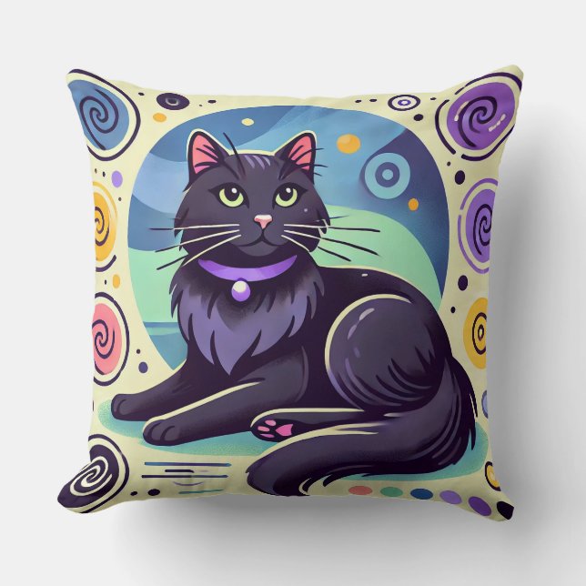 Coussin Chat noir sur fond vivement coloré (Recto)