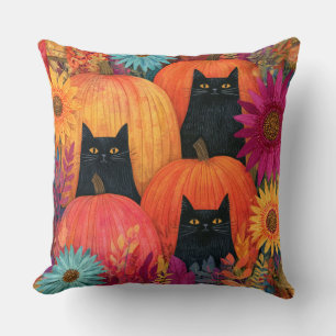 Coussin Chat noir vigilant Patch de citrouille d'automne