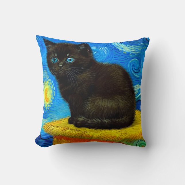 Coussin Chat Nuit Étoilée de Style Van Gogh (Recto)