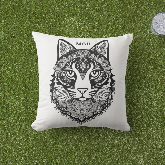 Coussin Chat ornemental Monogramme personnalisé (Herbe)