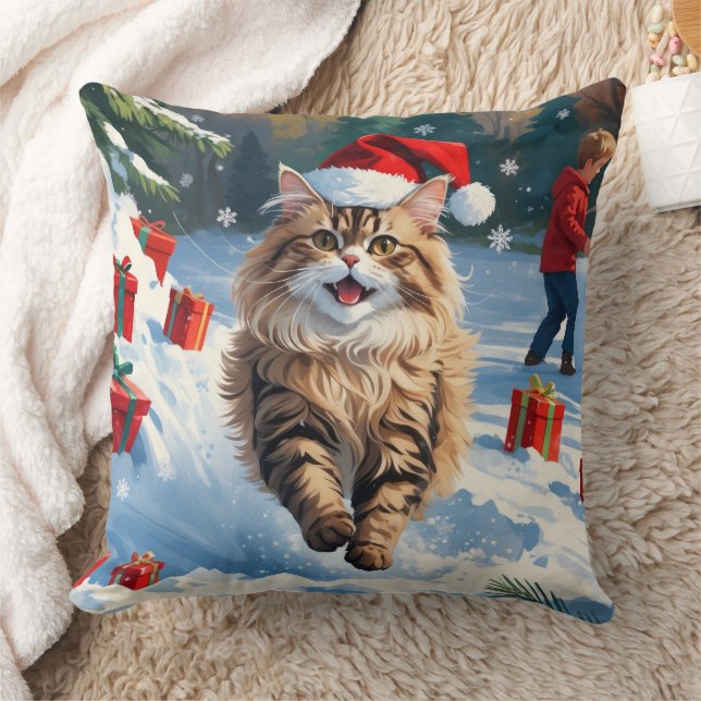 Coussin Chat Persan Assis dans la Neige avec un Chapeau de (Couverture)