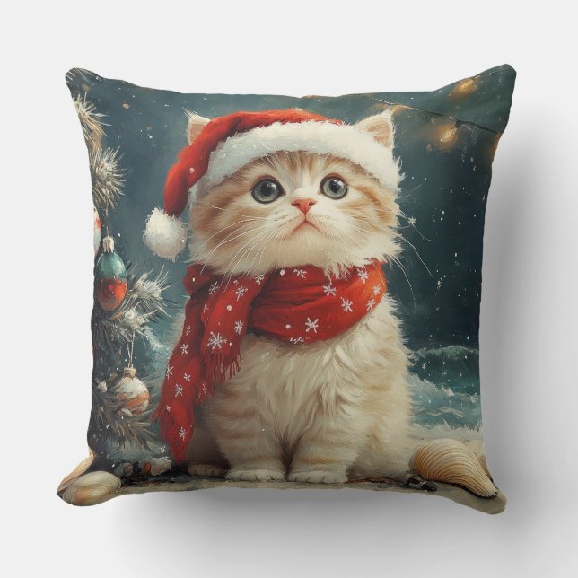 Coussin Chat Persan Noël Vintage Plage (Recto)