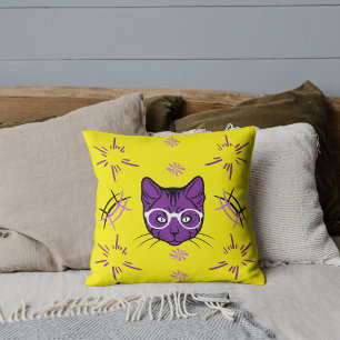 Coussin Chat Pet Blanc Violet Sur Noir Moderne Jaune Lumin