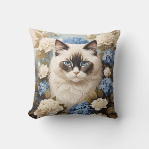 Coussin Chat Ragdoll Avec Fleurs Bleues D'Hydrangée