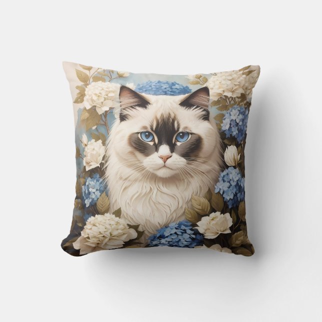 Coussin Chat Ragdoll Avec Fleurs Bleues D'Hydrangée (Recto)