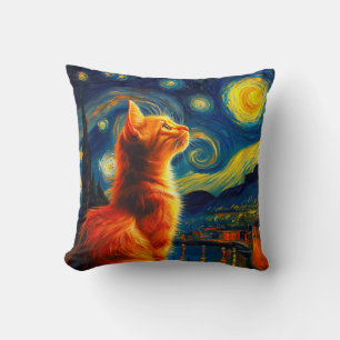 Coussin Chat roux contemplatif Ciel nocturne étoilé