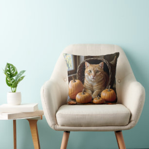 Coussin Chat roux dans une corne d'abondance de Thanksgivi