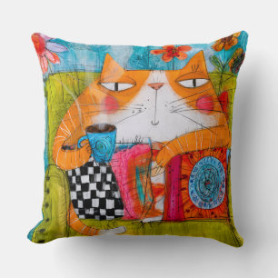 Coussin Chat roux fantaisiste avec tasse de thé