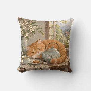 Coussin Chat roux théière florale Fenêtre ensoleillée Cott