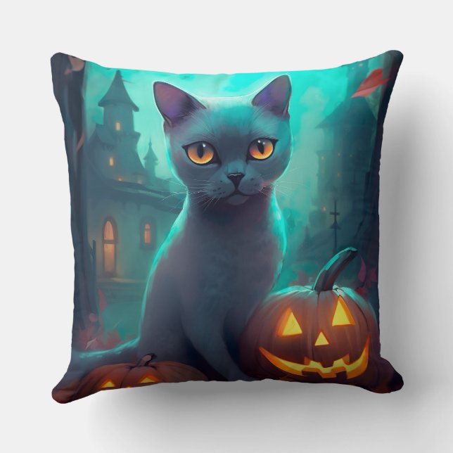 Coussin Chat Russe Bleu d'Halloween avec des citrouilles e (Verso)