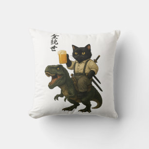 Coussin Chat Samouraï avec Bière & T-Rex Art Japonais Ré