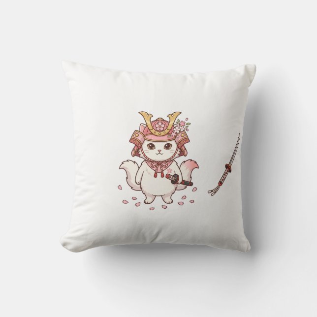 Coussin Chat Samouraï Mignon en Casque Rose Sakura (Recto)