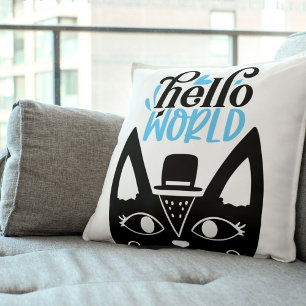 Coussin Chat scandinave mignon avec casquette Hello World