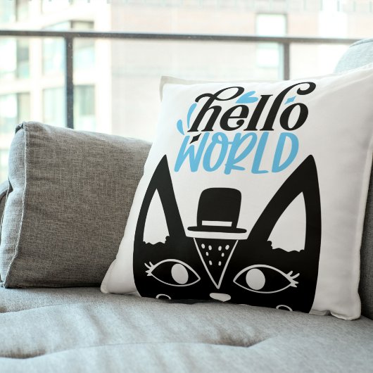 Coussin Chat scandinave mignon avec casquette Hello World