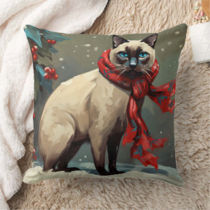 Coussin Chat siamois à Noël sous la neige