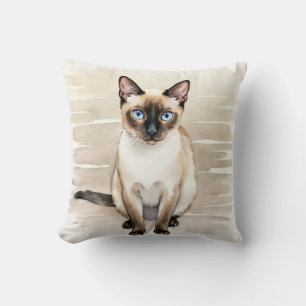 Coussin Chat siamois aquarelle art linéaire à vagues