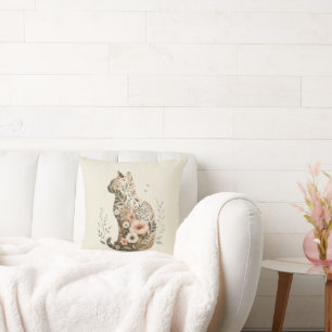 Coussin Chat silhouette floral boho fleur sauvage