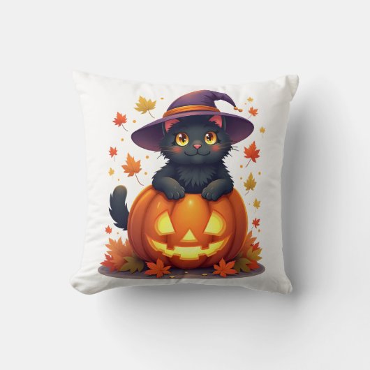 Coussin Chat sorcier dans un chapeau de citrouille (Recto)