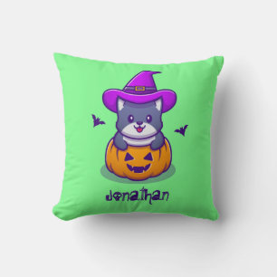 Coussin Chat sorcier mignon surgissant de chauves-souris v