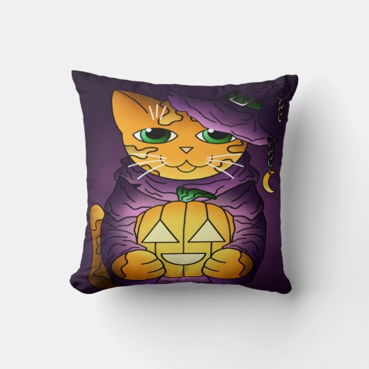 Coussin Chat-sorcière d'Halloween violet (Recto)