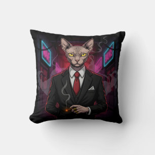 Coussin Chat Sphynx Mafia dans un style néon noir