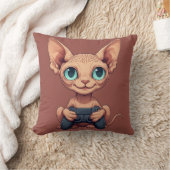 Coussin Chat Sphynx tenant une manette de jeu (Couverture)