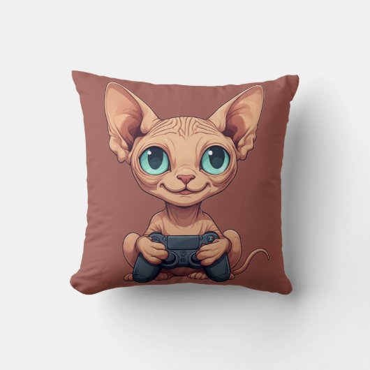 Coussin Chat Sphynx tenant une manette de jeu (Recto)