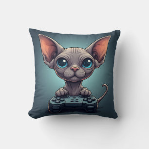 Coussin Chat Sphynx tenant une manette de jeu